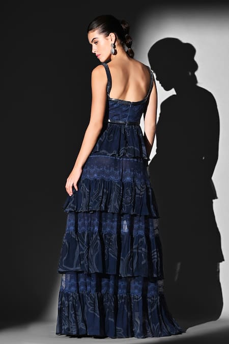 Shop Nikita Mhaisalkar Blue Georgette Scoop Neck Indigo Swirl Print Peplum Top And Skirt Set at Aza Fashions Shop_Nikita Mhaisalkar_Blue Georgette Scoop Neck Indigo Swirl Print Peplum Top And Skirt Set _at_Aza_Fashions