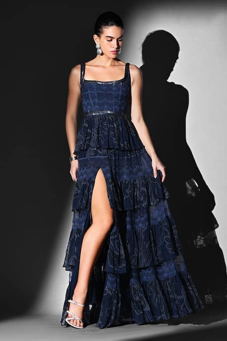 Nikita Mhaisalkar Blue Georgette Scoop Neck Indigo Swirl Print Peplum Top And Skirt Set 