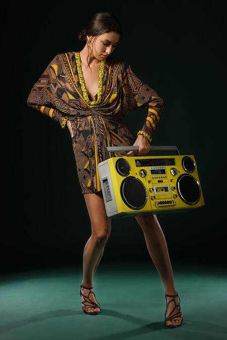 Buy_Nikita Mhaisalkar_Brown Georgette Sequins V-neck Geometric Print Dress With Embroidery _Online_at_Aza_Fashions