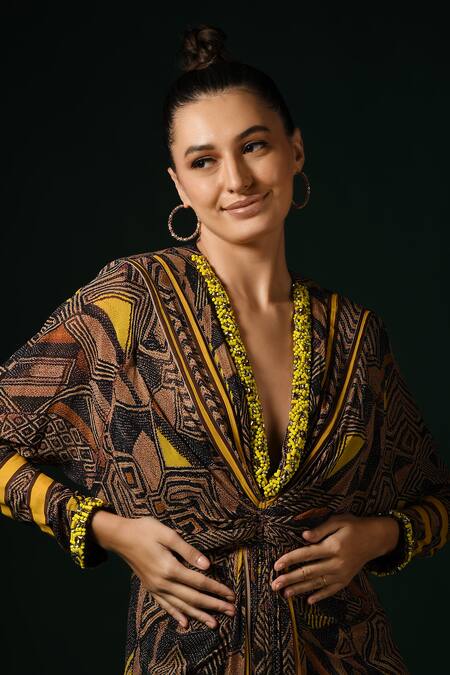 Nikita Mhaisalkar_Brown Georgette Sequins V-neck Geometric Print Dress With Embroidery _at_Aza_Fashions