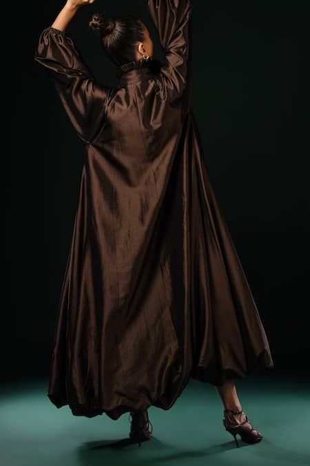 Shop_Nikita Mhaisalkar_Brown Silk Sequins Open Neck Trench Jacket _at_Aza_Fashions