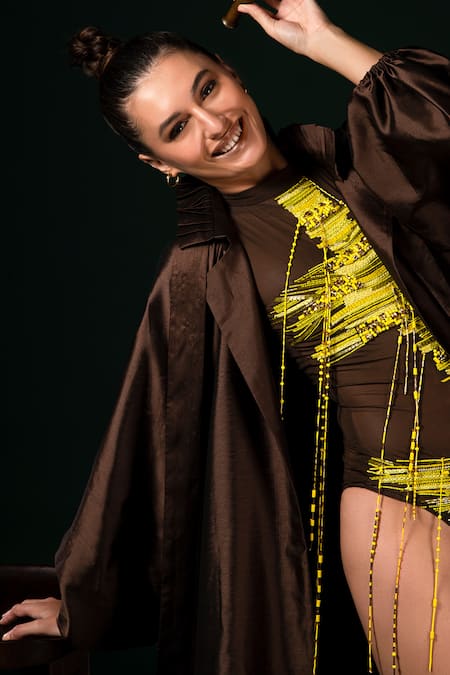 Shop Nikita Mhaisalkar Brown Silk Sequins Open Neck Trench Jacket Online at Aza Fashions Shop_Nikita Mhaisalkar_Brown Silk Sequins Open Neck Trench Jacket _Online_at_Aza_Fashions