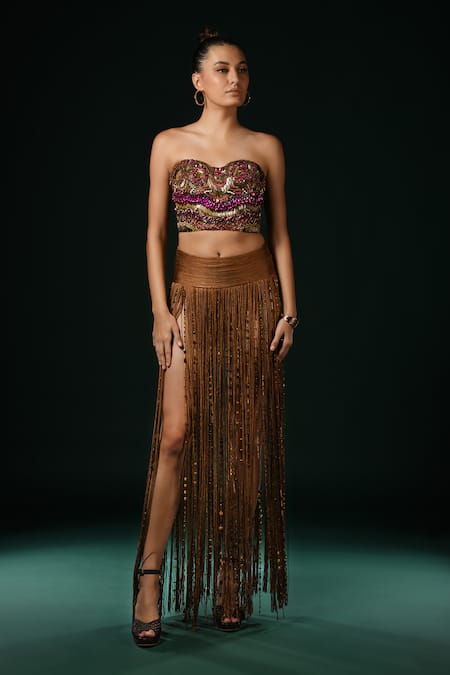 Nikita Mhaisalkar Brown Silk Beads Fringed Skirt With Tassles 