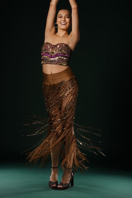 Nikita Mhaisalkar_Brown Silk Beads Fringed Skirt With Tassles _Online_at_Aza_Fashions