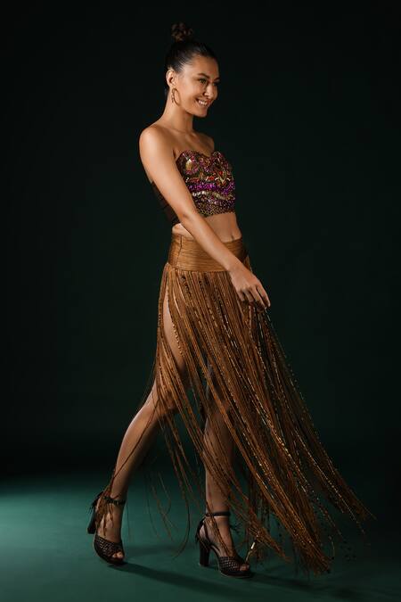 Nikita Mhaisalkar_Brown Silk Beads Fringed Skirt With Tassles _at_Aza_Fashions