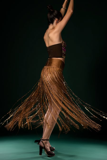 Shop Nikita Mhaisalkar Brown Silk Beads Fringed Skirt With Tassles at Aza Fashions Shop_Nikita Mhaisalkar_Brown Silk Beads Fringed Skirt With Tassles _at_Aza_Fashions