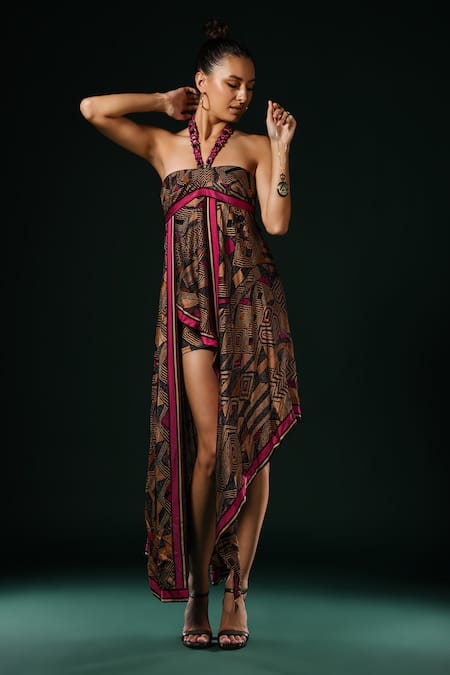 Nikita Mhaisalkar Brown Silk Satin Halter Neck Fuchsia Geometric Asymmetrical Dress 