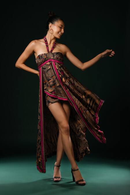 Nikita Mhaisalkar_Brown Silk Satin Halter Neck Fuchsia Geometric Asymmetrical Dress _Online_at_Aza_Fashions