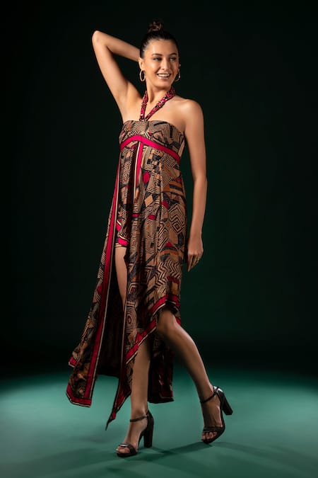 Buy_Nikita Mhaisalkar_Brown Silk Satin Halter Neck Fuchsia Geometric Asymmetrical Dress _Online_at_Aza_Fashions