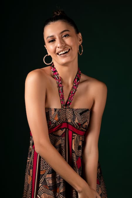 Shop_Nikita Mhaisalkar_Brown Silk Satin Halter Neck Fuchsia Geometric Asymmetrical Dress _Online_at_Aza_Fashions