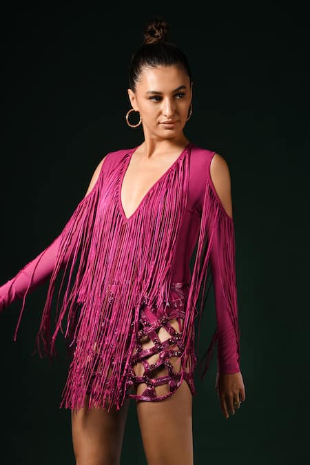 Shop Nikita Mhaisalkar Fuchsia Tulle Fringe V-neck Silk Thread Bodysuit Online at Aza Fashions Shop_Nikita Mhaisalkar_Fuchsia Tulle Fringe V-neck Silk Thread Bodysuit _Online_at_Aza_Fashions