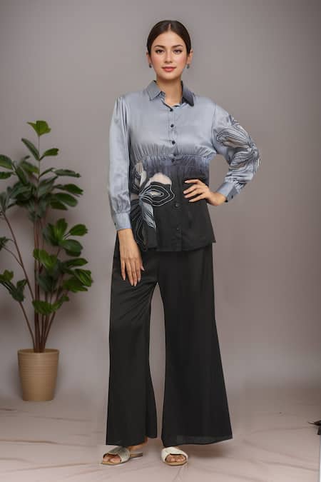 Buy Naintara Bajaj Grey Satin, Embroidery Shawl Neck Applique Shirt With Pant at Aza Fashions Buy_Naintara Bajaj_Grey Satin, Embroidery Shawl Neck Applique Shirt With Pant _at_Aza_Fashions