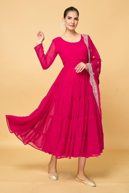 Naintara Bajaj_Pink Cotton Gota Patti Round Neck Plain Tiered Anarkali With Dupatta _at_Aza_Fashions