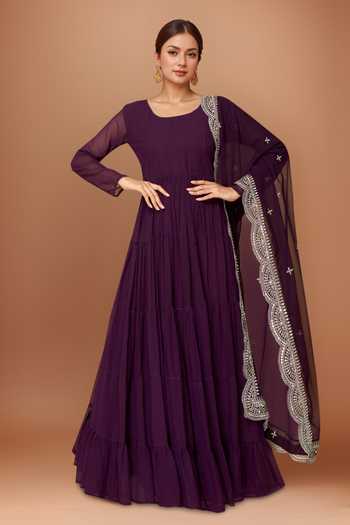Buy Khwaab By Sanjana Lakhani Wine Faux Leather, Cotton Gota Patti Round Neck Tiered Anarkali With Dupatta at Aza Fashions Buy_Khwaab By Sanjana Lakhani_Wine Faux Leather, Cotton Gota Patti Round Neck Tiered Anarkali With Dupatta _at_Aza_Fashions