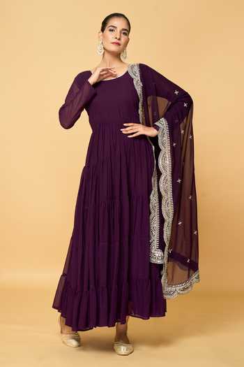 Khwaab By Sanjana Lakhani Wine Faux Leather, Cotton Gota Patti Round Neck Tiered Anarkali With Dupatta at Aza Fashions Khwaab By Sanjana Lakhani_Wine Faux Leather, Cotton Gota Patti Round Neck Tiered Anarkali With Dupatta _at_Aza_Fashions
