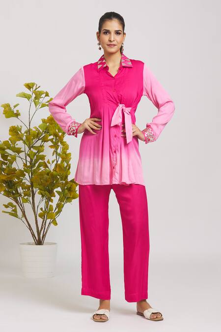 Naintara Bajaj_Pink Cotton Gota Patti, Embroidery Shawl Neck Ombre Side Tie Shirt With Pant _at_Aza_Fashions