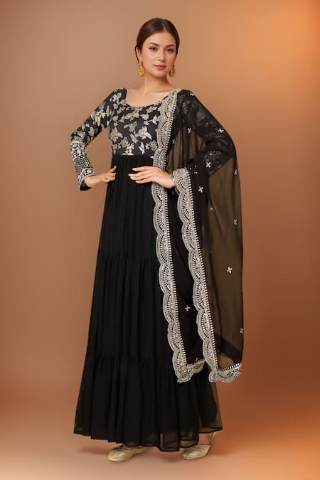Samyukta Singhania Black Faux Leather, Viscose, Cotton Gardenia Bloom Tiered Anarkali With Dupatta 