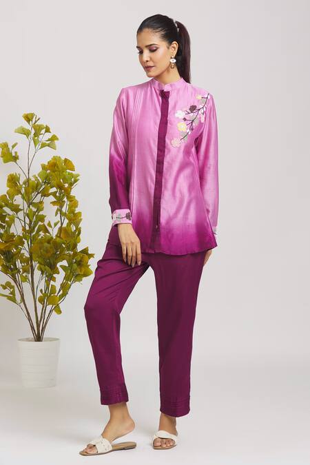 Samyukta Singhania Pink Chanderi, Cotton Beads Mandarin Collar Ombre Shirt With Pant at Aza Fashions Samyukta Singhania_Pink Chanderi, Cotton Beads Mandarin Collar Ombre Shirt With Pant _at_Aza_Fashions