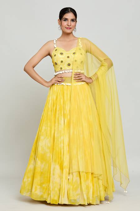 Buy_Samyukta Singhania_Yellow Net Beads, Embroidery Sweetheart Sunflower Embellished Blouse Lehenga Set 