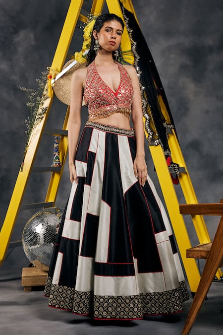 Shop_Vandana Sethi_Black Silk Beads, Embroidery, Sequins Halter Neck And White Designer Lehenga Set _Online_at_Aza_Fashions
