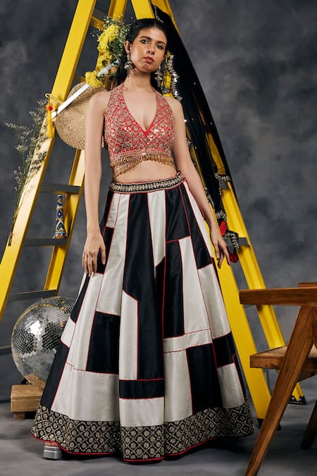 Vandana Sethi_Black Silk Beads, Embroidery, Sequins Halter Neck And White Designer Lehenga Set _at_Aza_Fashions