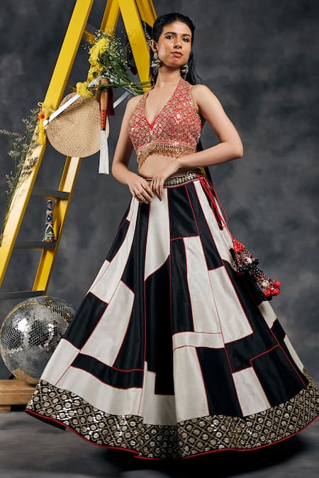 Buy_Vandana Sethi_Black Silk Beads, Embroidery, Sequins Halter Neck And White Designer Lehenga Set 