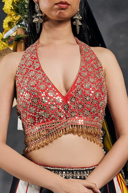 Shop_Vandana Sethi_Black Silk Beads, Embroidery, Sequins Halter Neck And White Designer Lehenga Set 