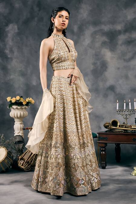 Buy_Vandana Sethi_Ivory Silk, Satin Sequins, Embroidery, Beads Shimmer Raw Classic Lehenga Set _Online_at_Aza_Fashions