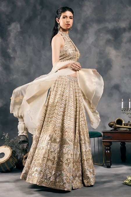 Shop_Vandana Sethi_Ivory Silk, Satin Sequins, Embroidery, Beads Shimmer Raw Classic Lehenga Set _Online_at_Aza_Fashions