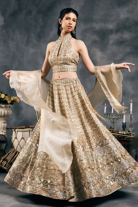 Vandana Sethi_Ivory Silk, Satin Sequins, Embroidery, Beads Shimmer Raw Classic Lehenga Set _at_Aza_Fashions