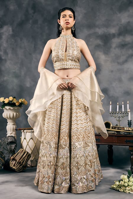 Vandana Sethi Ivory Silk, Satin Sequins, Embroidery, Beads Shimmer Raw Classic Lehenga Set 