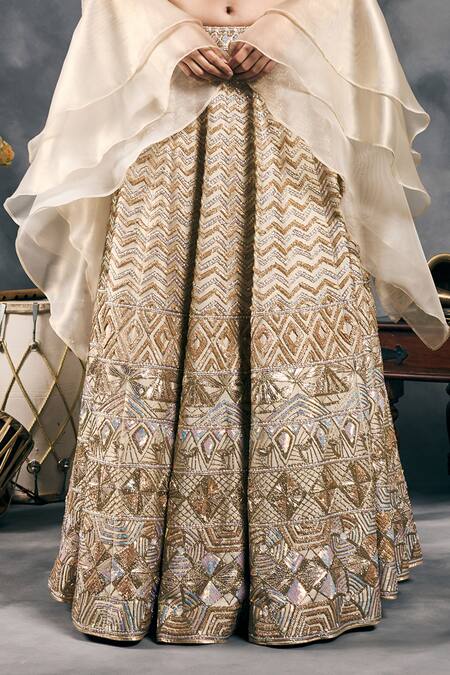 Buy_Vandana Sethi_Ivory Silk, Satin Sequins, Embroidery, Beads Shimmer Raw Classic Lehenga Set 