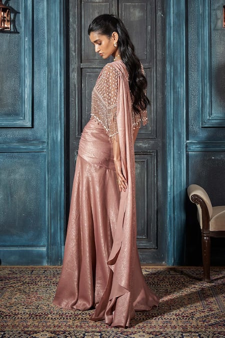 Rimple Agrawal Rose Gold Foil Crepe Pre-Draped Saree Set 
