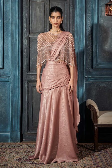 Rimple Agrawal Rose Gold Foil Crepe Pre-Draped Saree Set 