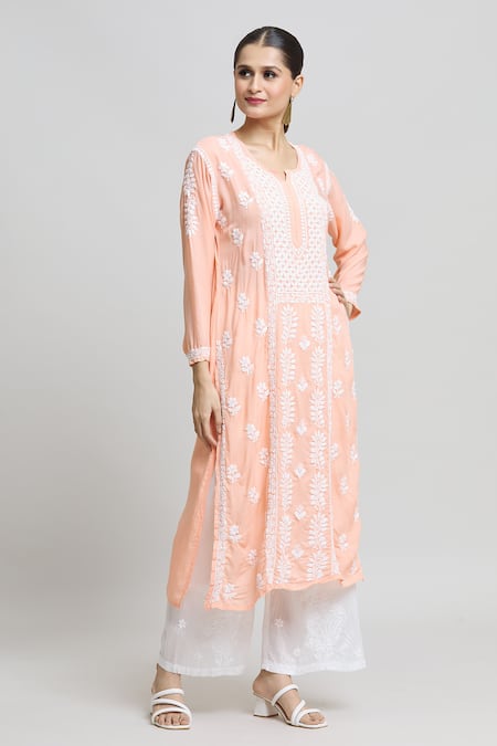 Samyukta Singhania_Orange Modal, Cotton Embroidery Split V-neck Chikankari Floral Kurta _at_Aza_Fashions
