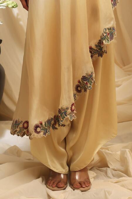 Ekru_Ivory Organza, Modal, Satin Embroidery High Neck Designer Rose Veil Drape Set_Online_at_Aza_Fashions