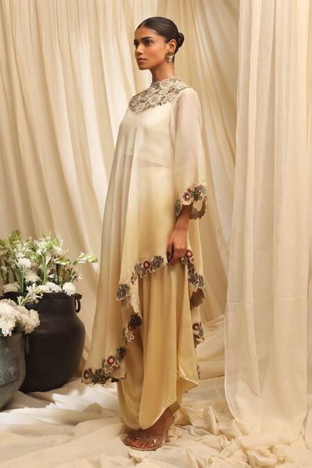 Buy_Ekru_Ivory Organza, Modal, Satin Embroidery High Neck Designer Rose Veil Drape Set_Online_at_Aza_Fashions