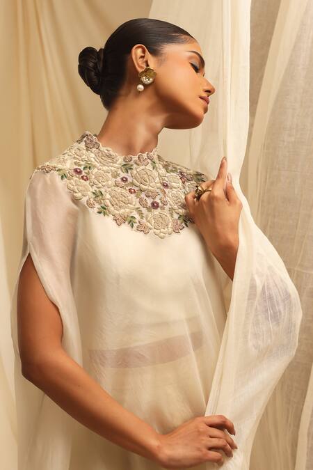 Shop_Ekru_Ivory Organza, Modal, Satin Embroidery High Neck Designer Rose Veil Drape Set_Online_at_Aza_Fashions