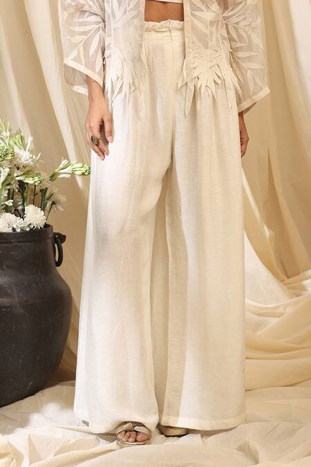 Ekru_Ivory Organza, Linen Embroidery Round Neck Bamboo Foliage Co-ord Set_Online_at_Aza_Fashions