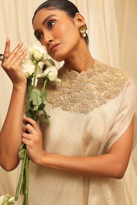 Ekru_Beige Organza, Linen Embroidery High Neck Cape Set_Online_at_Aza_Fashions