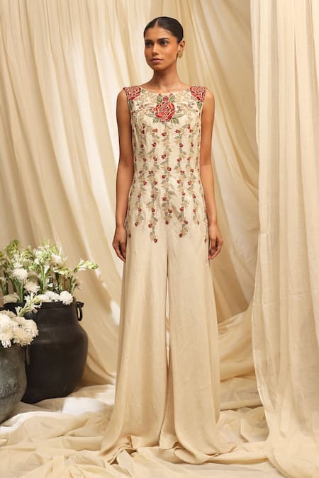 Ekru Ivory Linen, Satin Embroidery Round Neck Roseline Jumpsuit 