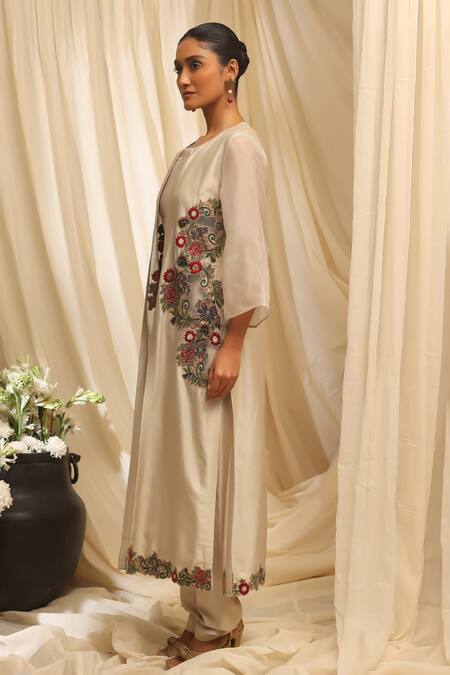 Buy_Ekru_Beige Chanderi, Cotton Satin, Organza Embroidery Round Neck, Floral Jacket Set_Online_at_Aza_Fashions