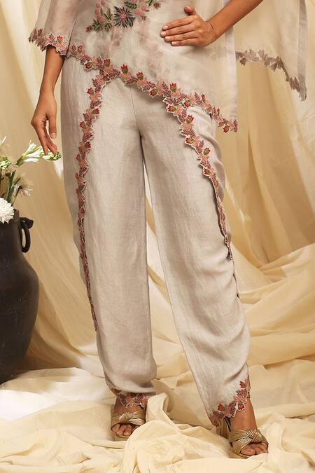 Ekru Gray Organza, Linen, Chanderi Embroidery Round Neck Petal Crest Cape Set Online at Aza Fashions Ekru_Gray Organza, Linen, Chanderi Embroidery Round Neck Petal Crest Cape Set_Online_at_Aza_Fashions