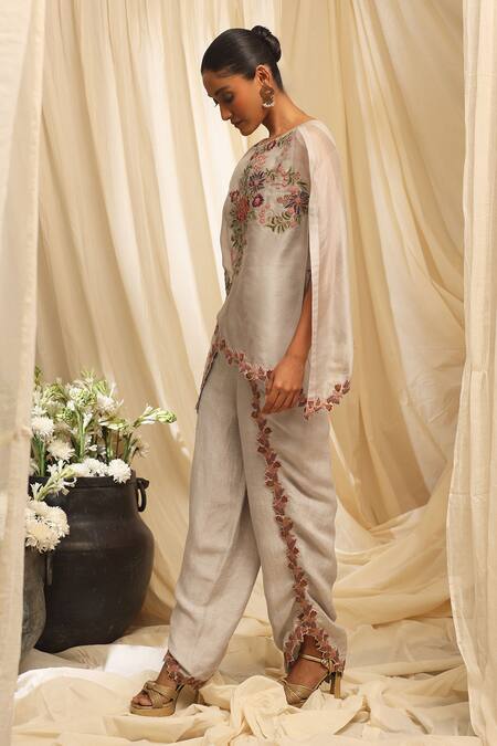 Buy_Ekru_Gray Organza, Linen, Chanderi Embroidery Round Neck Petal Crest Cape Set_Online_at_Aza_Fashions