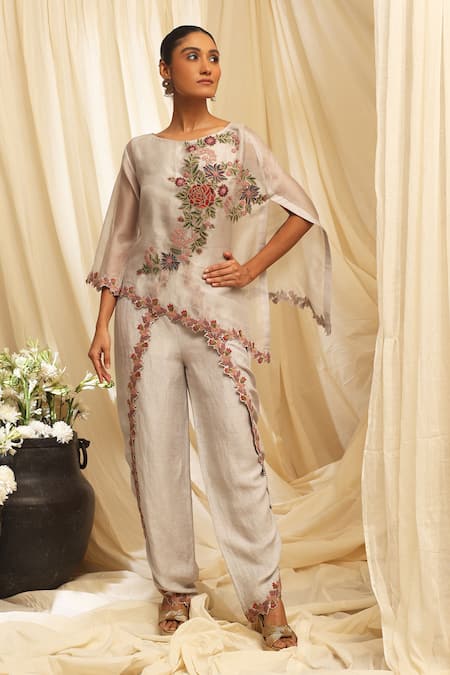 Ekru Gray Organza, Linen, Chanderi Embroidery Round Neck Petal Crest Cape Set 