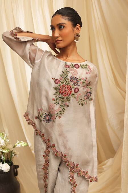 Shop_Ekru_Gray Organza, Linen, Chanderi Embroidery Round Neck Petal Crest Cape Set_Online_at_Aza_Fashions