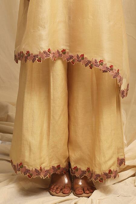 Ekru_Gold Organza, Linen, Satin Embroidery Round Neck Saanjh Gulab Kurta Set_Online_at_Aza_Fashions
