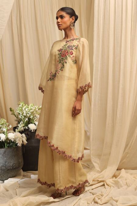 Buy_Ekru_Gold Organza, Linen, Satin Embroidery Round Neck Saanjh Gulab Kurta Set_Online_at_Aza_Fashions