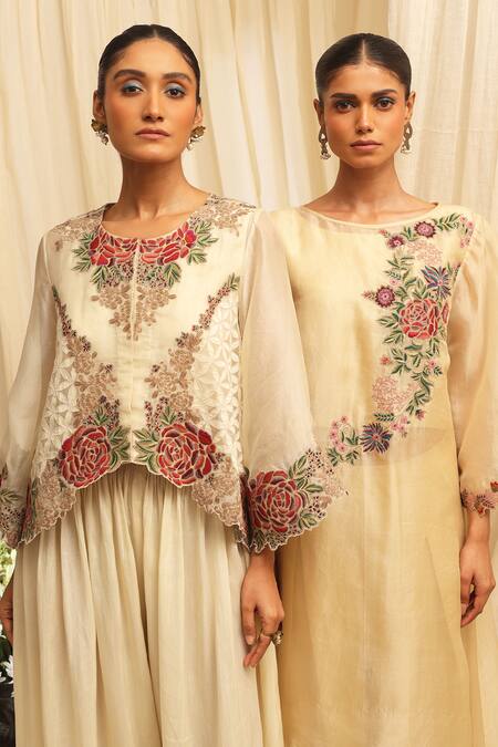 Shop_Ekru_Gold Organza, Linen, Satin Embroidery Round Neck Saanjh Gulab Kurta Set_Online_at_Aza_Fashions