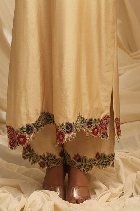 Ekru_Gold Chanderi, Bamboo Embroidery V-neck Botanic Cluster Kurta Set_Online_at_Aza_Fashions